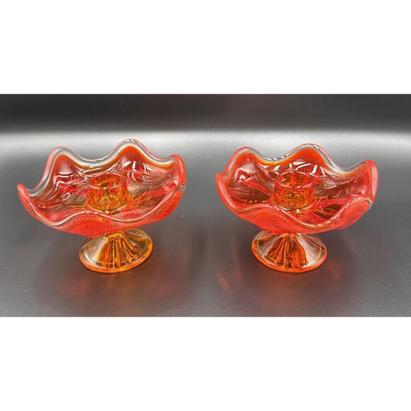Viking Other - MCM VIKING Persimmon Amberina 6 Petal Candle Holders GLOW